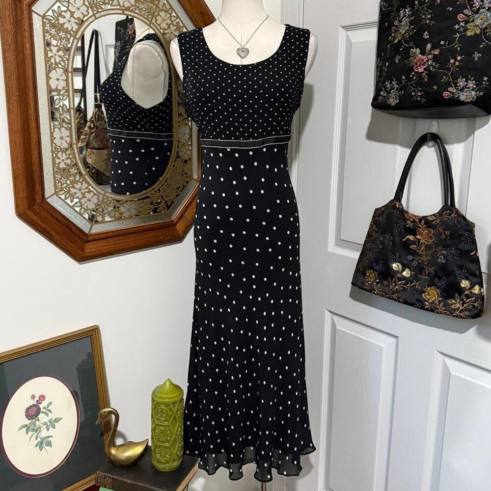 VTG Y2K Style & Co Black & White Polka Dot Sleeveless Lettuce Hem Retro Dress